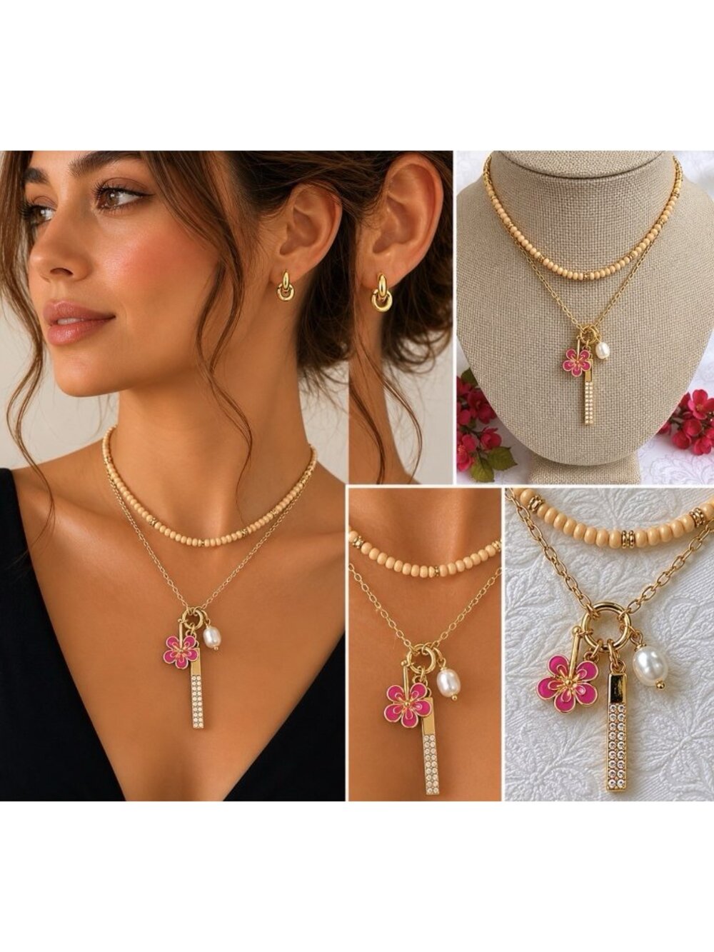 Isaac Mizrahi 18" 2 PC Pink Seed Bead Goldtone Charm Pearl Rhinestone Bar NEW